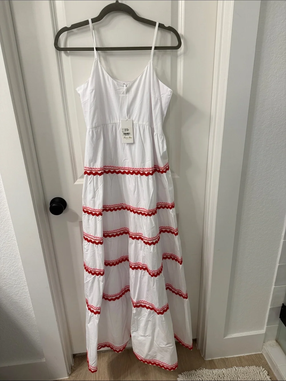 White Maxi Dress with Red Trim Spaghetti Straps